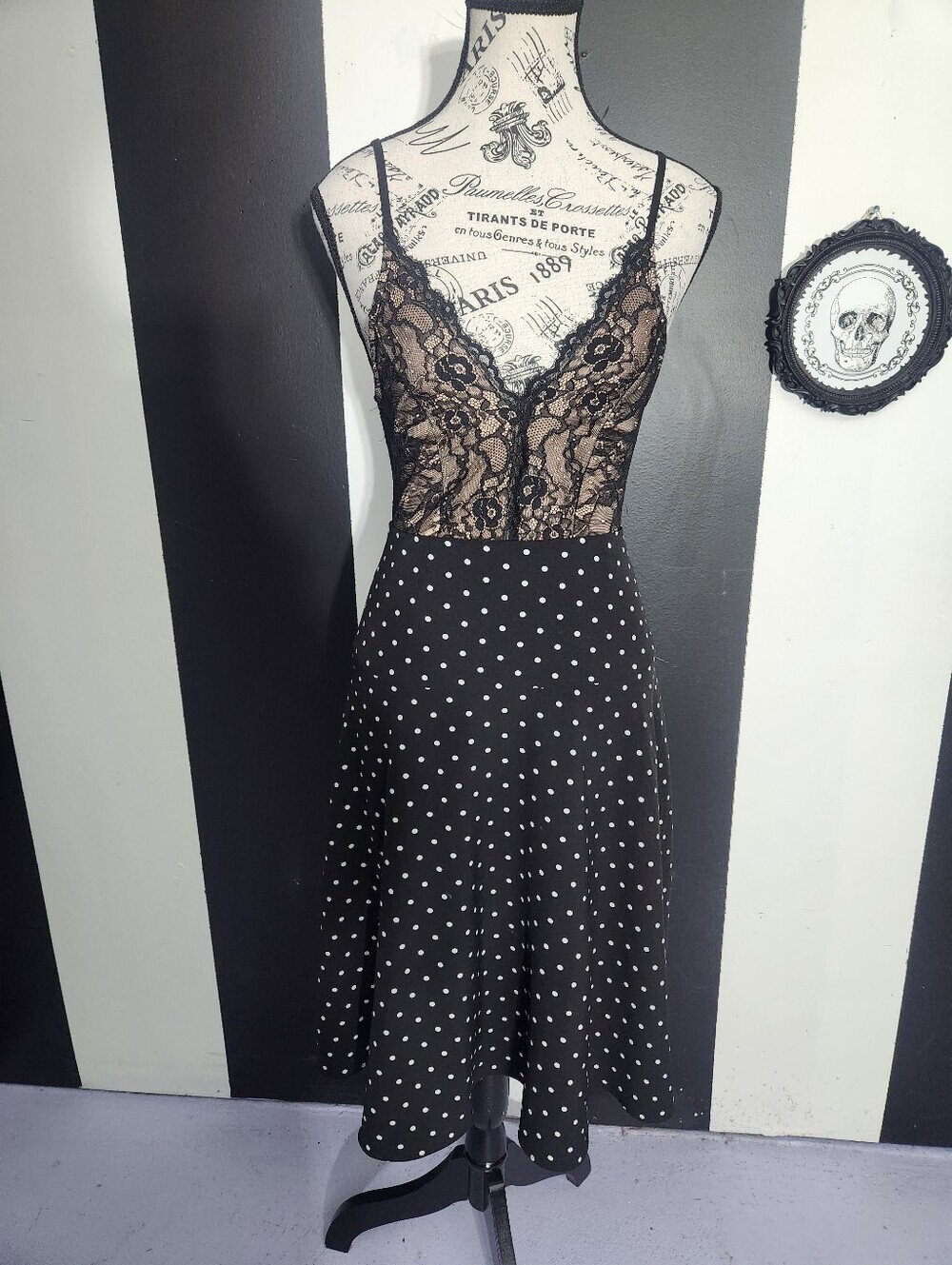 White House Black Market Black Satin Dress with Lace Trim